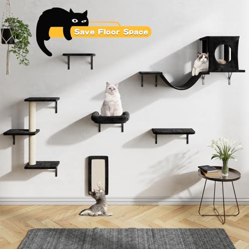 NUNU LAB Wall Mounted Cat Climber Set with House, Tunnel, Scratcher, Black M305