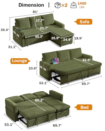 81" L Shaped Sleeper Sofa Bed with Pull Out Bed, Corduroy Green V7995