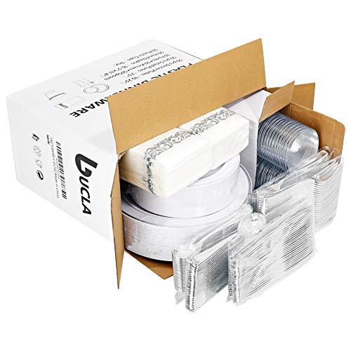 bUCLA 300PCS Gold Disposable Dinnerware Set - White and Gold Plastic Plates for Party S185