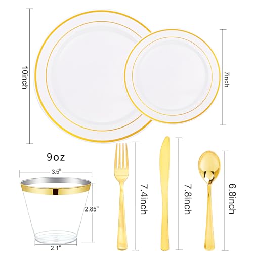 bUCLA 300PCS Gold Disposable Dinnerware Set - White and Gold Plastic Plates for Party S185