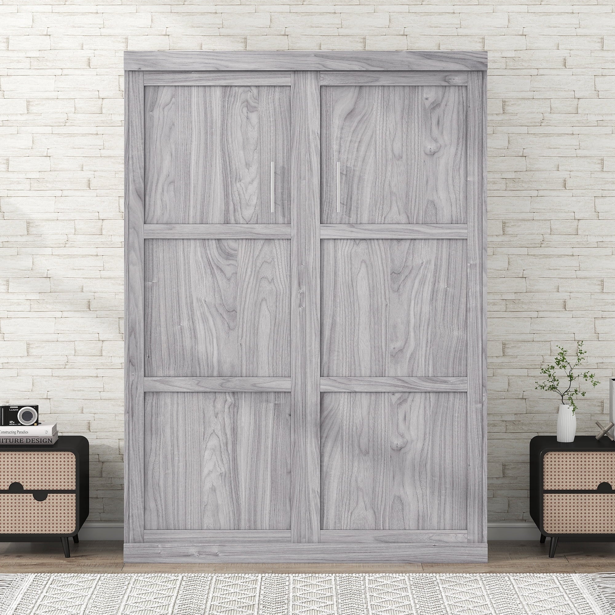 Euroco Pine Wood Full Size Murphy Bed Wall Cabinet Gray L132213