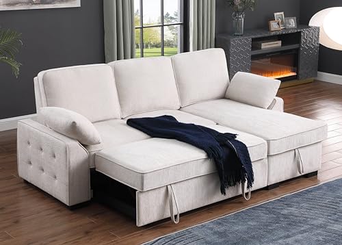 L-Shaped Pull Out Sleep Sofabed with Storage Chaise, Chenille Upholstered X30892