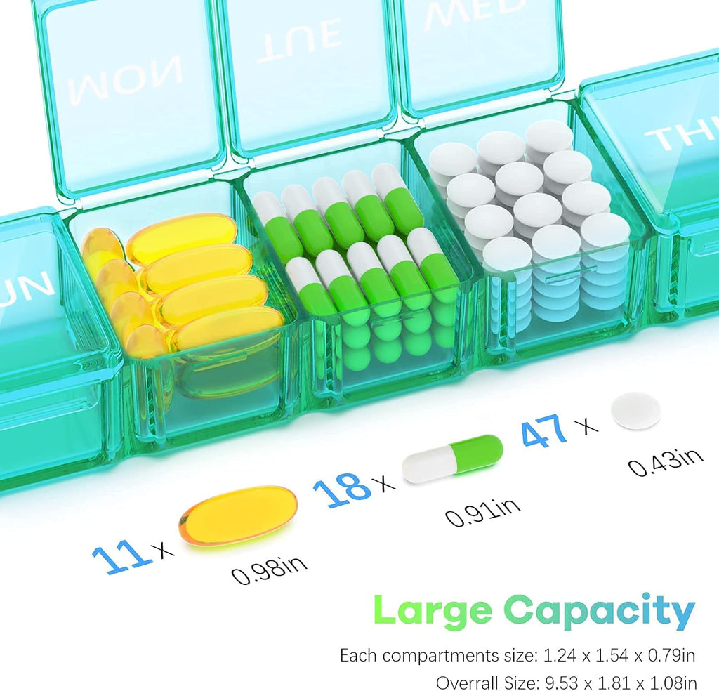 Extra Large Pill Organizer 2 Pack, Weekly Pill Case, BPA Free (Blue+Green) F462887