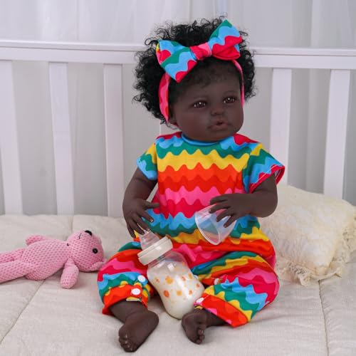 BABESIDE Lifelike Reborn Black Girl 18-Inch Realistic Baby Doll with Clothes and Toy B85311