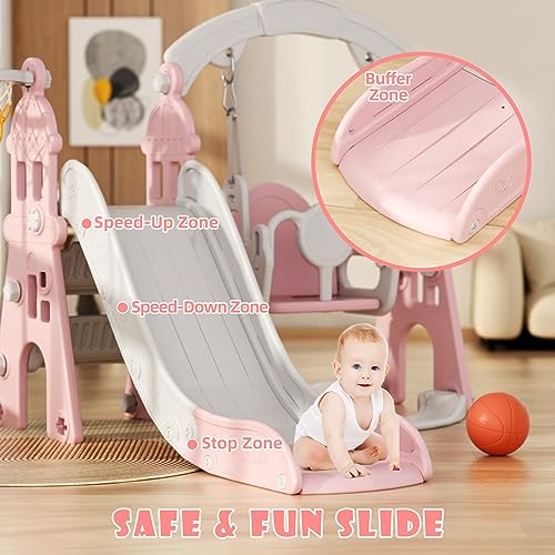 67i Toddler Swing and Slide Set 5 in 1 Indoor Playset with Basketball Frame (Pink) J1947