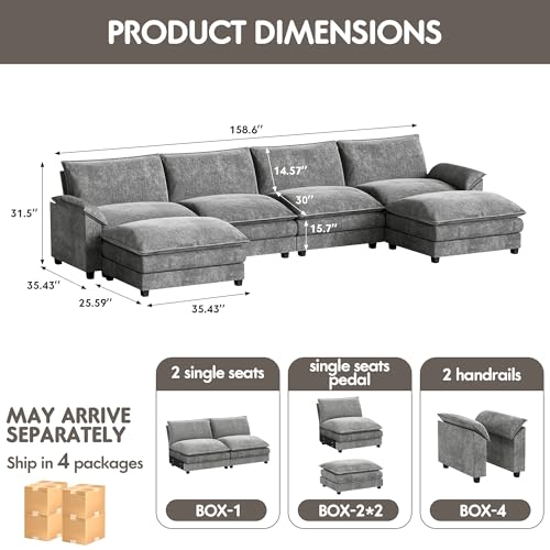 Homall 119" Modular Sectional Sofa with Reversible Ottoman, Light Grey V97154