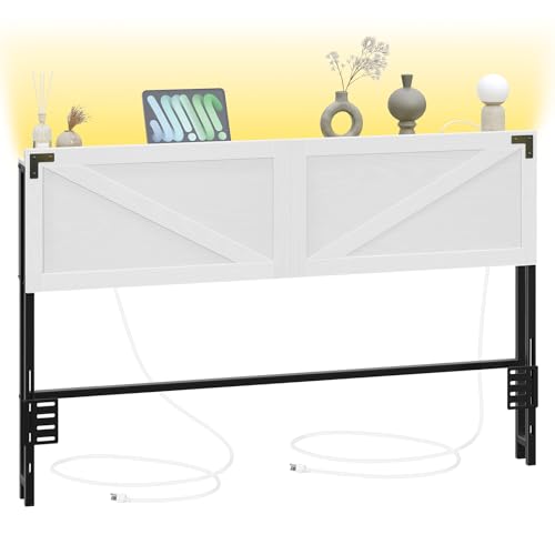 Queen Size Headboard with 2 Outlets and 4 USB Ports, LED Lights, White and Black H382