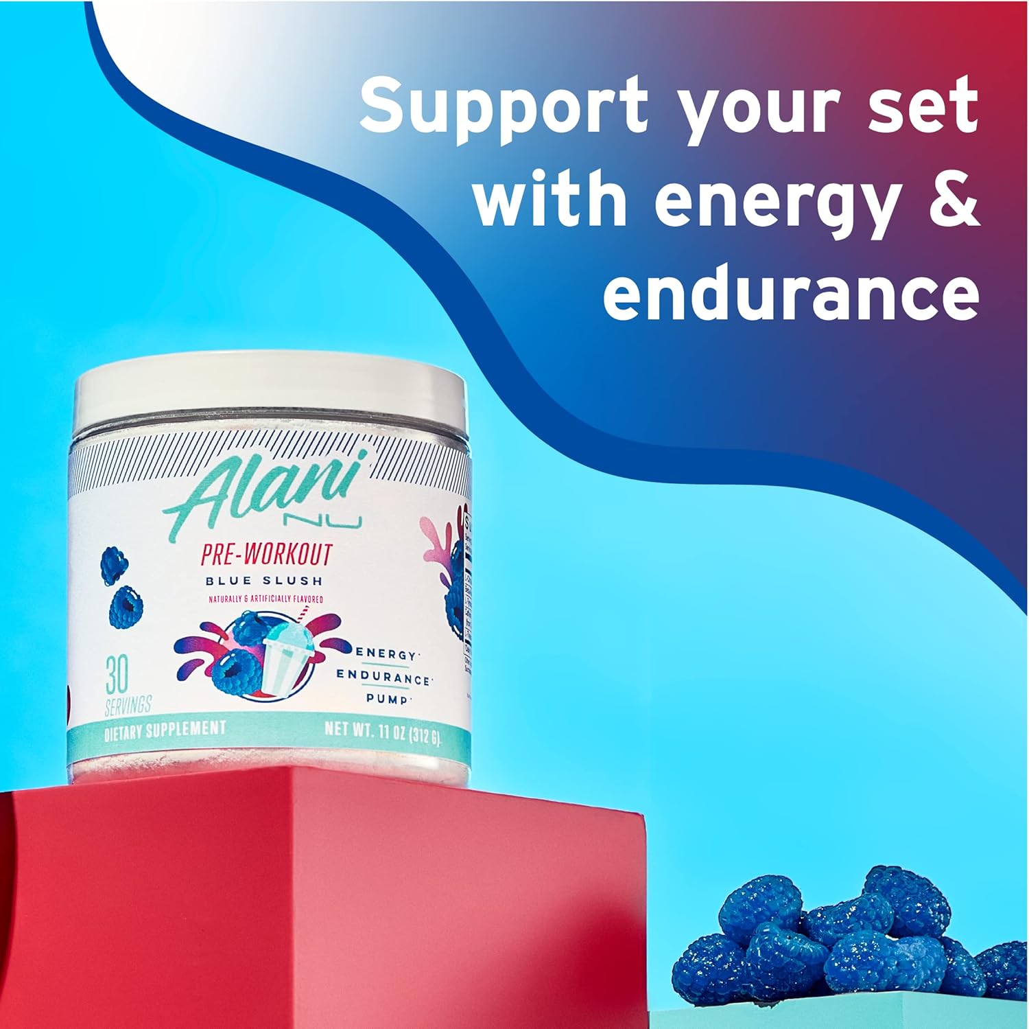 Alani Nu Blue Slush Pre Workout and Sour Peach Rings BCAA Post Workout Powder Bundle, 30 Servings F8779