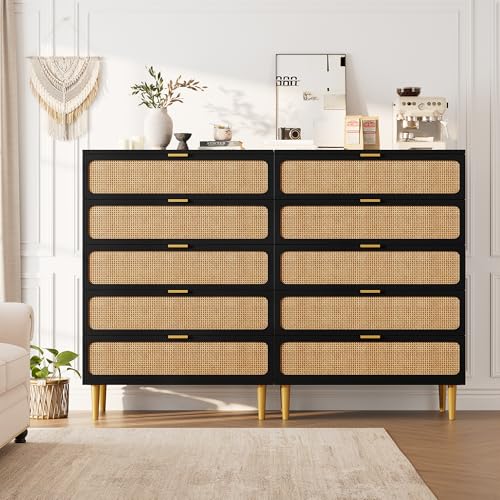 Rattan 5 Drawer Tall Dresser for Bedroom, Black V99880