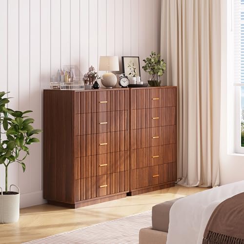 Fluted 5 Drawers Dresser for Bedroom, Wooden Tall Storage, Walnut L1075