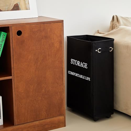 25" Slim Rolling Laundry Basket with Wheels, 50L Collapsible Hamper, Beige W879