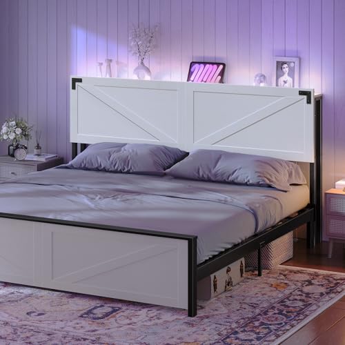 Queen Size Headboard with 2 Outlets and 4 USB Ports, LED Lights, White and Black H382