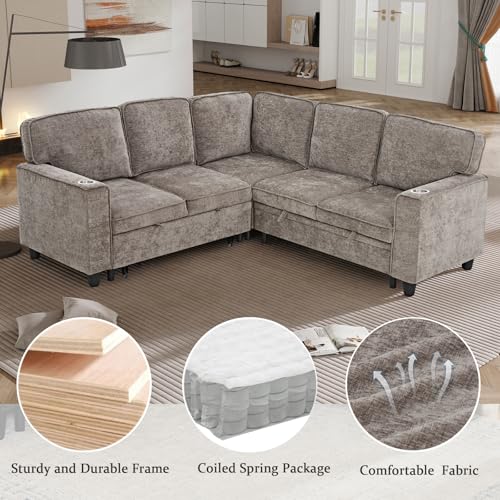 L-Shaped Pull Out Sleep Sofabed with Storage Chaise, Chenille Upholstered X30892