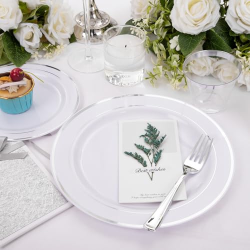 bUCLA 300PCS Gold Disposable Dinnerware Set - White and Gold Plastic Plates for Party S185
