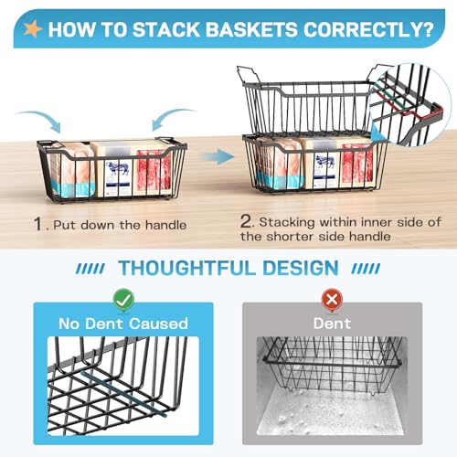 Freezer Organizer Bins, 4 Pack Stackable Storage Baskets with Handles, Black N723