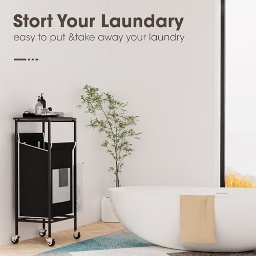 Laundry Hamper with Lid, Rolling Metal Frame Laundry Basket with Wheels, Black A6918