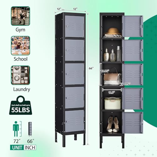 Letaya Metal Lockers 5 Doors 66" Tall Steel Storage Cabinet Gray G40479