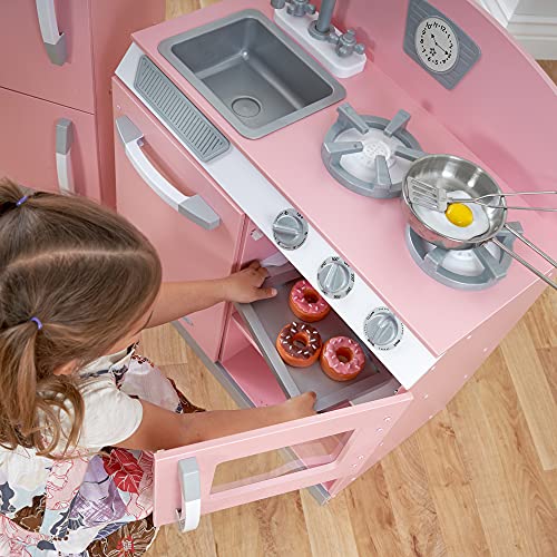 KidKraft Retro Wooden Play Kitchen and Refrigerator 2-Piece Set, Pink, Ages 3+ A4546