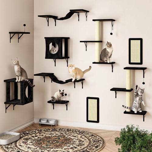 NUNU LAB Wall Mounted Cat Climber Set with House, Tunnel, Scratcher, Black M305