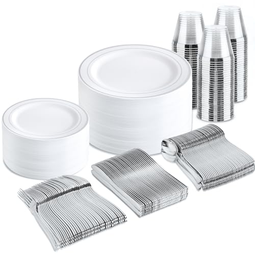 bUCLA 300PCS Gold Disposable Dinnerware Set - White and Gold Plastic Plates for Party S185