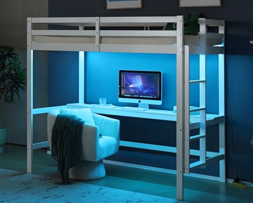 VINGLI Twin Loft Bed with L-Shaped Desk, 3 Storage Drawers, Solid Wood, White W24917