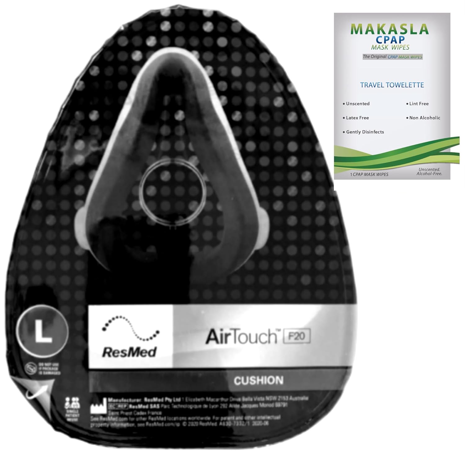F20 Cusion mask bundle with Cpap cleaning wipes - Provides an Excellent Seal - Large