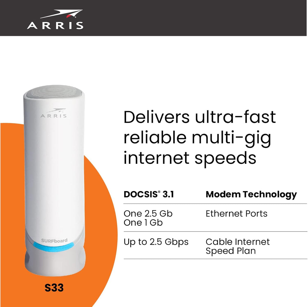 ARRIS S33 DOCSIS 3.1 Cable Modem, 2.5 Gbps, White H478