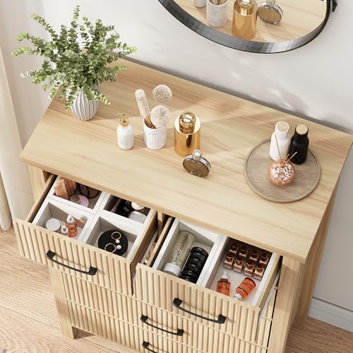 Fluted 6 Drawers Dresser for Bedroom, Tall Boho Chest with Metal Handle, Natural Oak S427