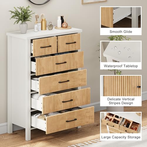 Fluted 6 Drawers Dresser for Bedroom, Tall Boho Chest with Metal Handle, Natural Oak S427