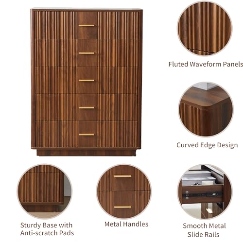 Fluted 5 Drawers Dresser for Bedroom, Wooden Tall Storage, Walnut L1075