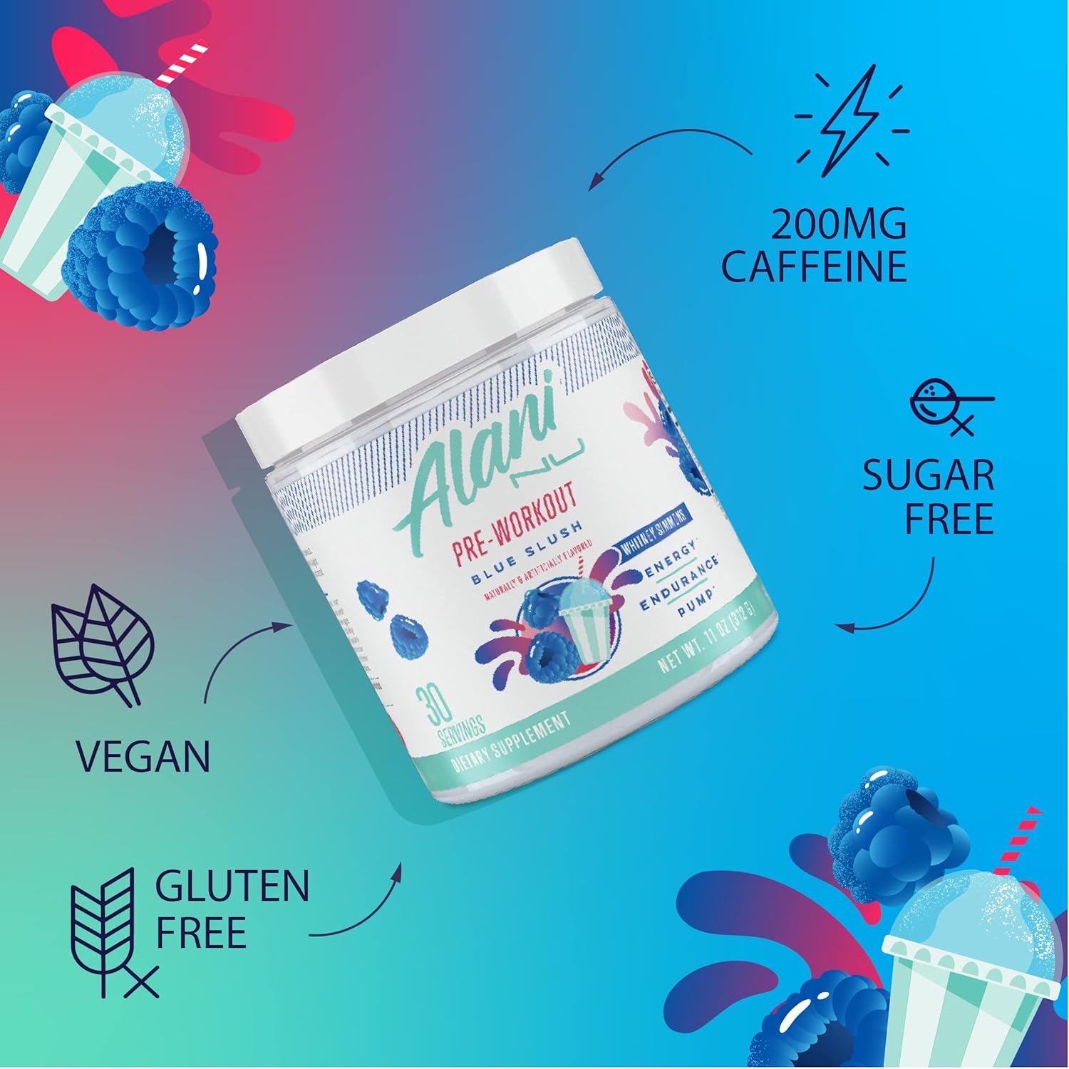 Alani Nu Blue Slush Pre Workout and Sour Peach Rings BCAA Post Workout Powder Bundle, 30 Servings F8779