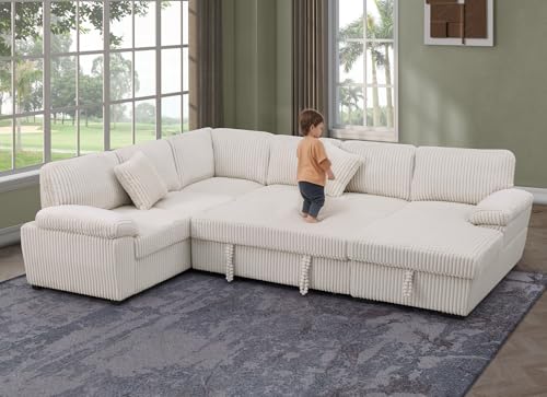 L-Shaped Pull Out Sleep Sofabed with Storage Chaise, Chenille Upholstered X30892