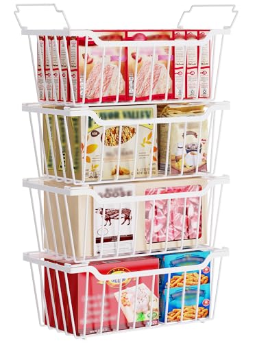 Freezer Organizer Bins, 4 Pack Stackable Storage Baskets with Handles, Black N723