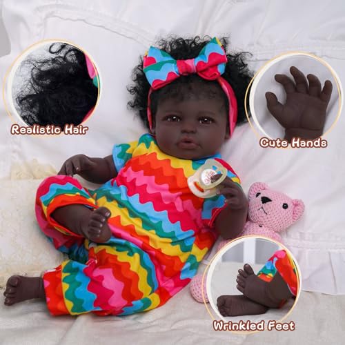BABESIDE Lifelike Reborn Black Girl 18-Inch Realistic Baby Doll with Clothes and Toy B85311