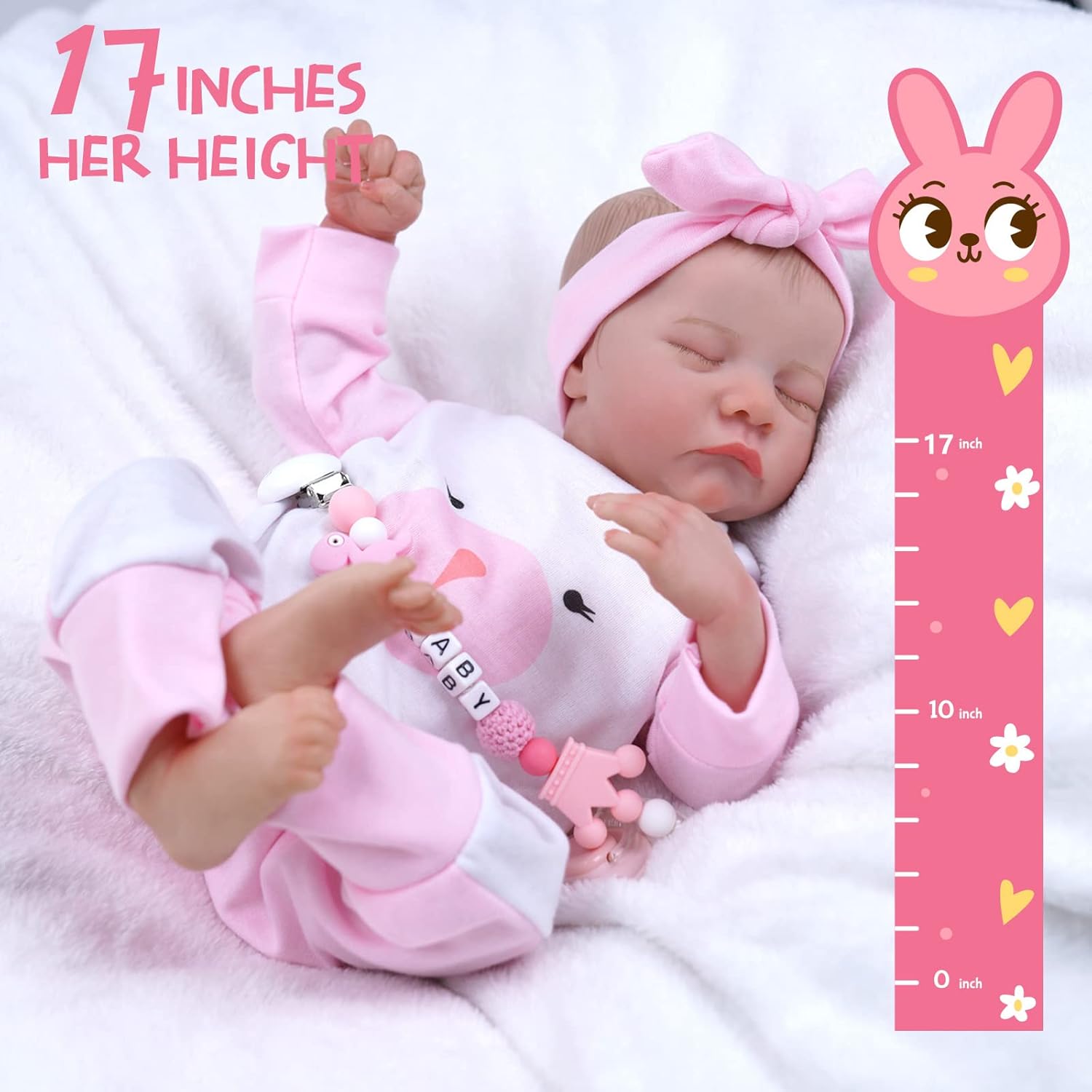 JIZHI Lifelike Reborn Baby Doll 17-Inch Soft Cloth Body Sleeping Newborn D333