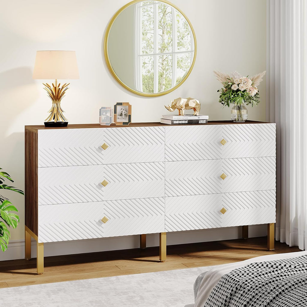 Tribesigns 6-Drawer Dresser for Bedroom, Wood Storage Cabinet with Gold Legs, White & Brown T408265