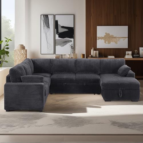 L-Shaped Pull Out Sleep Sofabed with Storage Chaise, Chenille Upholstered X30892
