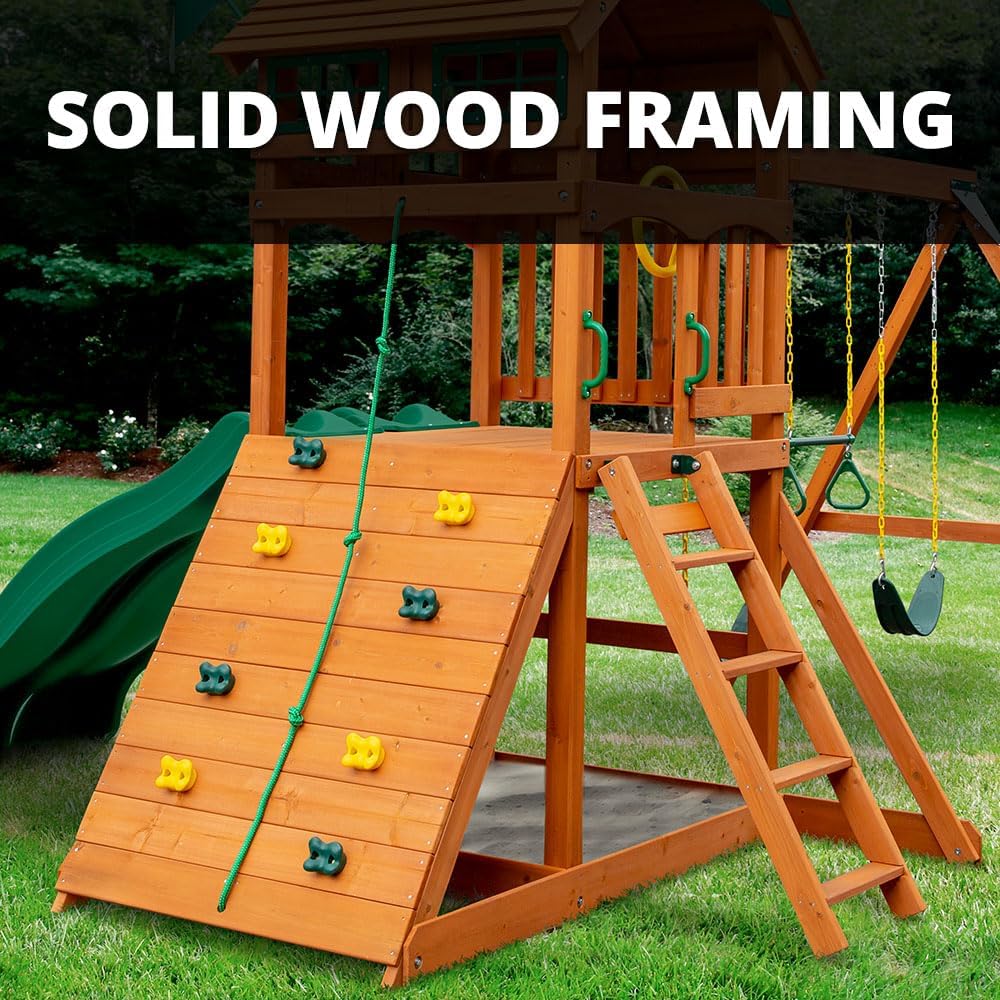 Gorilla Playsets Avalon Wooden Swing Set with Canopy, Climbing Wall and Slide X3919