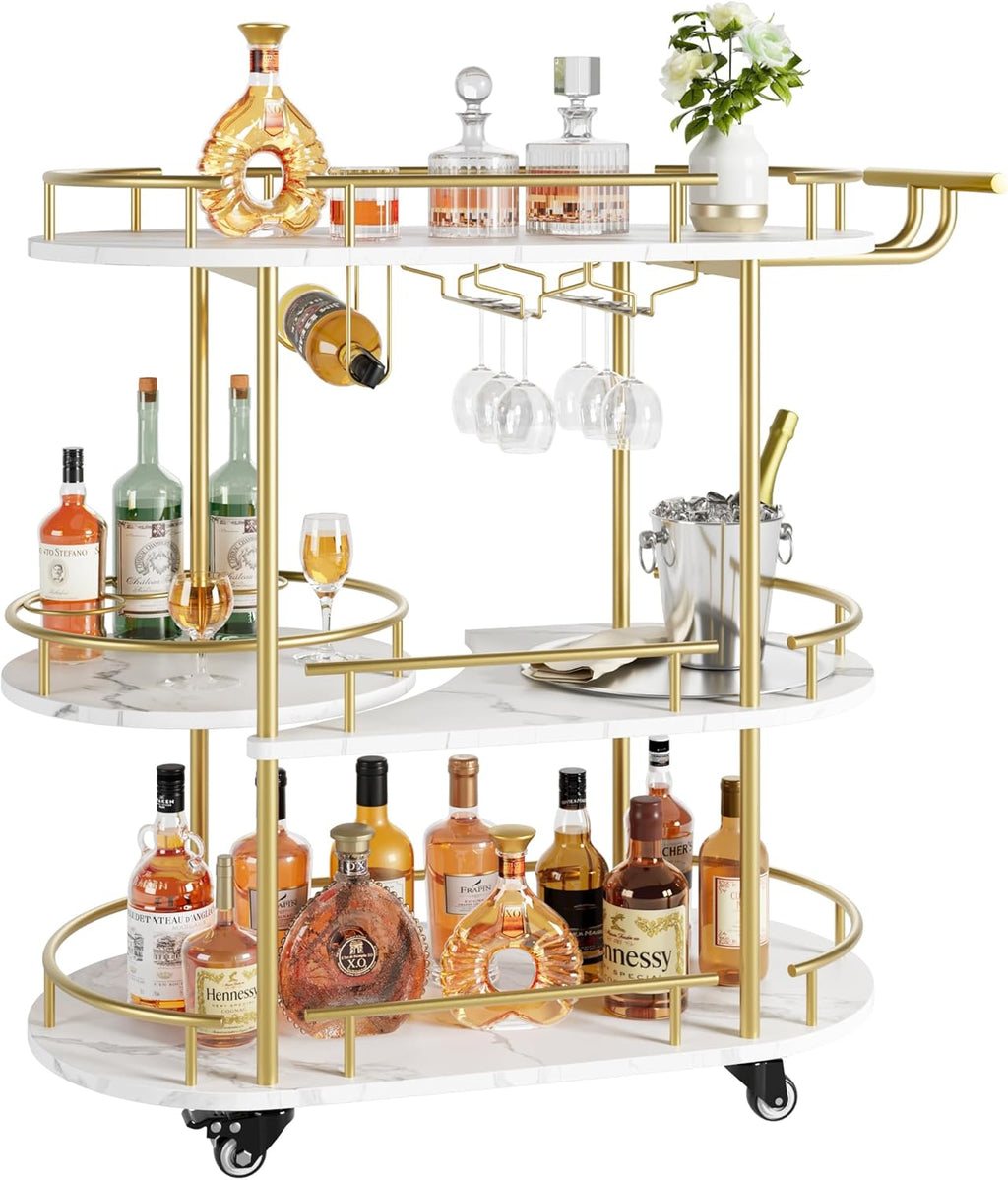 GAOMON Gold Bar Cart, 3 Tier Bar Cart with Wheels, Gold Rotating Bar Cart with Wheels and Handle, Serving Cart with Wine Rack and Glass Holder for Kichen, Living Room, Dining Room
