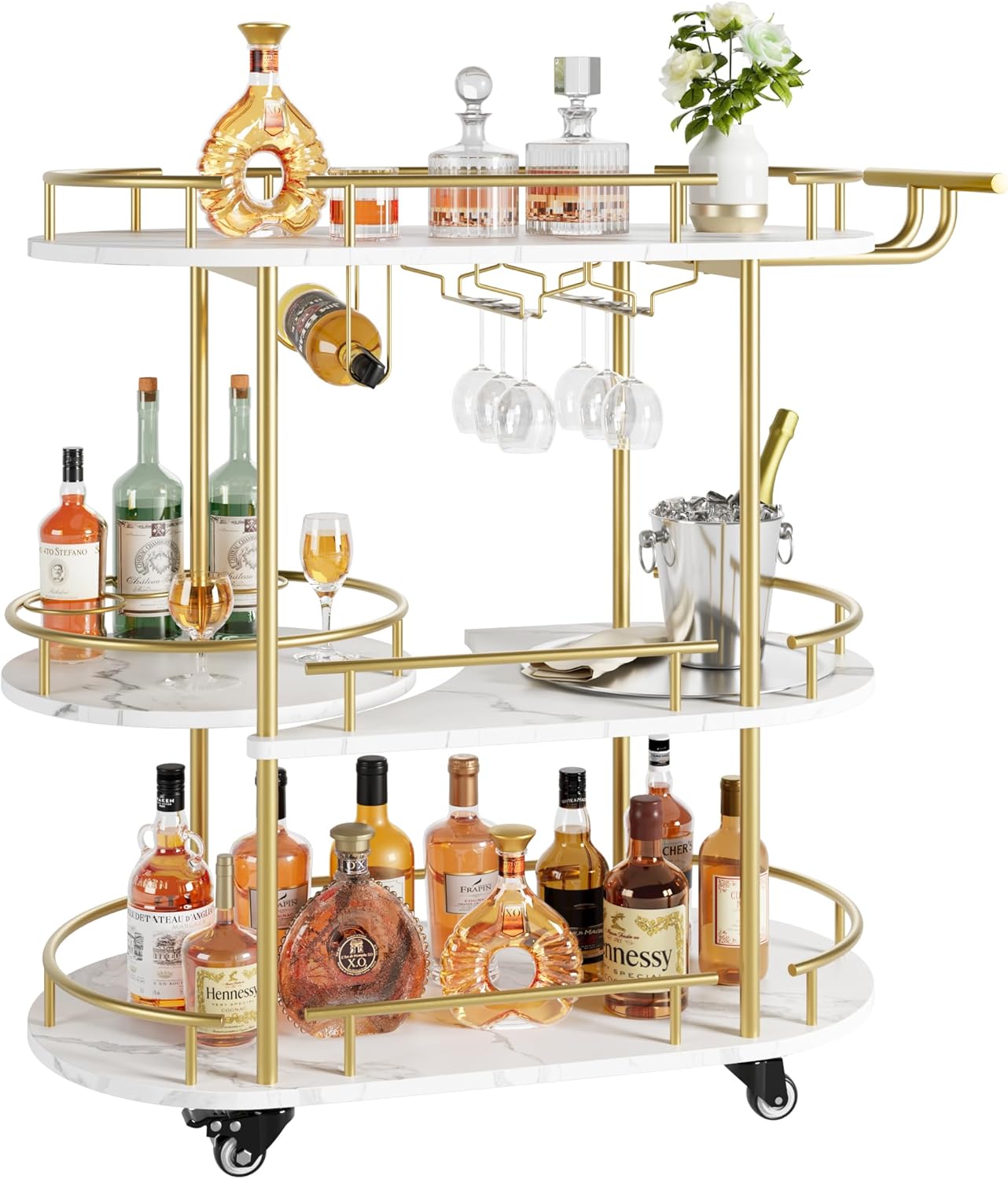 GAOMON Gold Bar Cart, 3 Tier Bar Cart with Wheels, Gold Rotating Bar Cart with Wheels and Handle, Serving Cart with Wine Rack and Glass Holder for Kichen, Living Room, Dining Room