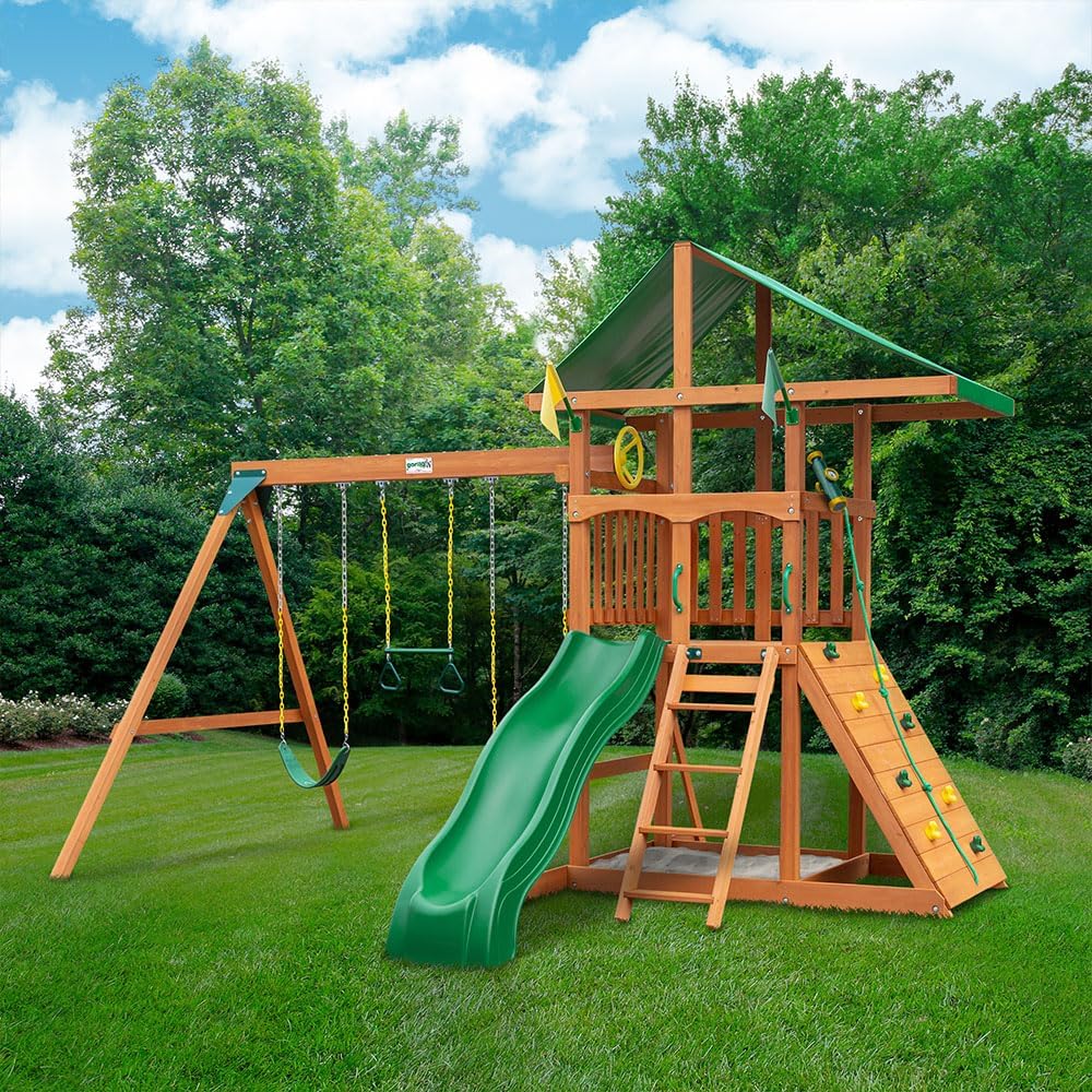 Gorilla Playsets Avalon Wooden Swing Set with Canopy, Climbing Wall and Slide X3919