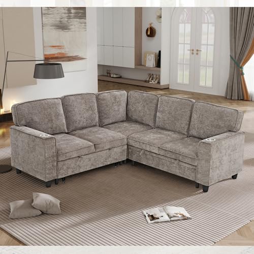 L-Shaped Pull Out Sleep Sofabed with Storage Chaise, Chenille Upholstered X30892