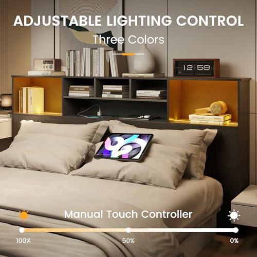 King Size Bed Headboard with LED Light and Storage Bookcase H72493