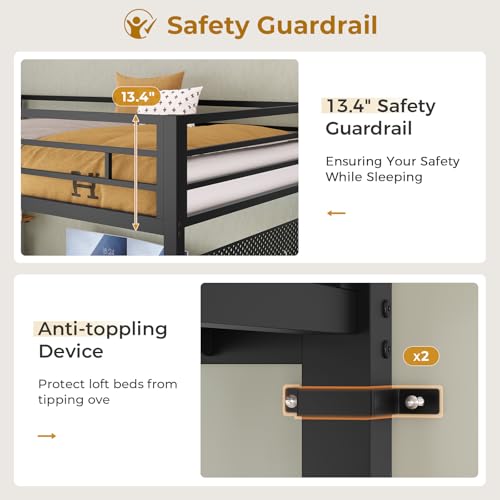 ADORNEVE Twin Size Metal Loft Bed with L-Shaped Desk, LED Lights, Charging Station S614727