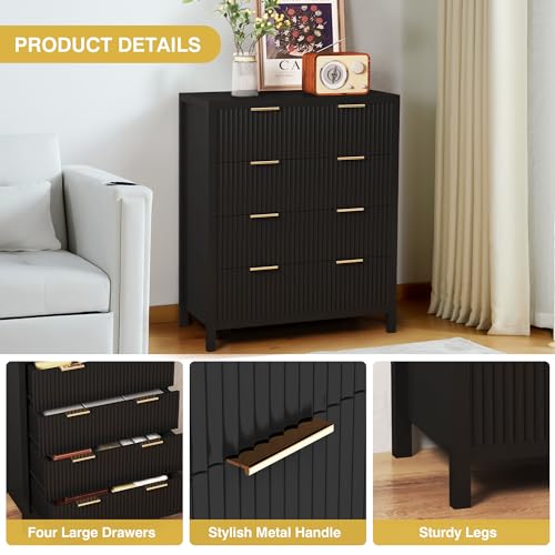 Fluted 5 Drawers Dresser for Bedroom, Wooden Tall Storage, Walnut L1075