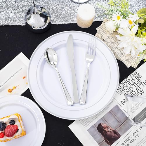 bUCLA 300PCS Gold Disposable Dinnerware Set - White and Gold Plastic Plates for Party S185