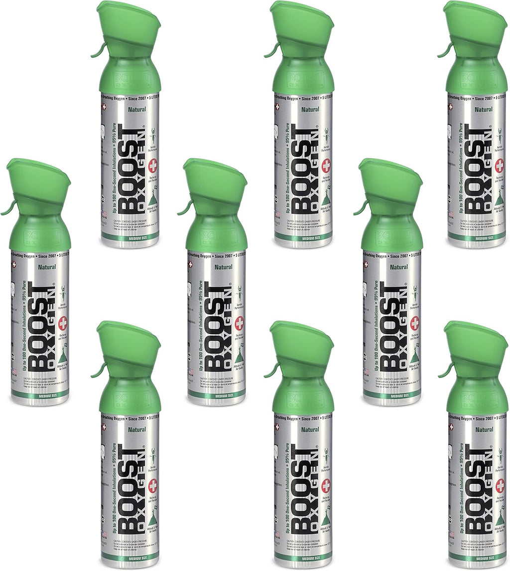 Boost Oxygen 5 Liter Natural Pure Canned Supplemental Oxygen Bottle with Built In Mouthpiece for High Altitudes and Recovery, Natural Flavor (9 Pack)