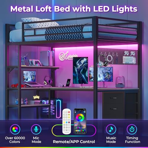ADORNEVE Twin Size Metal Loft Bed with L-Shaped Desk, LED Lights, Charging Station S614727