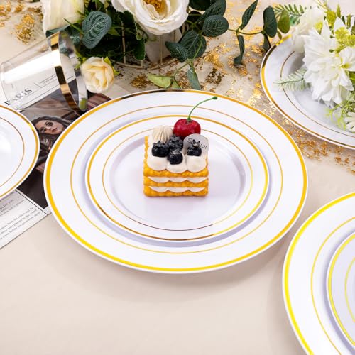 bUCLA 300PCS Gold Disposable Dinnerware Set - White and Gold Plastic Plates for Party S185
