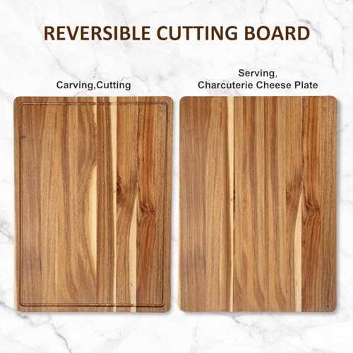 LinTimes XL Acacia Wood Cutting Board with Juice Groove & Handles, 20x15 In B9919